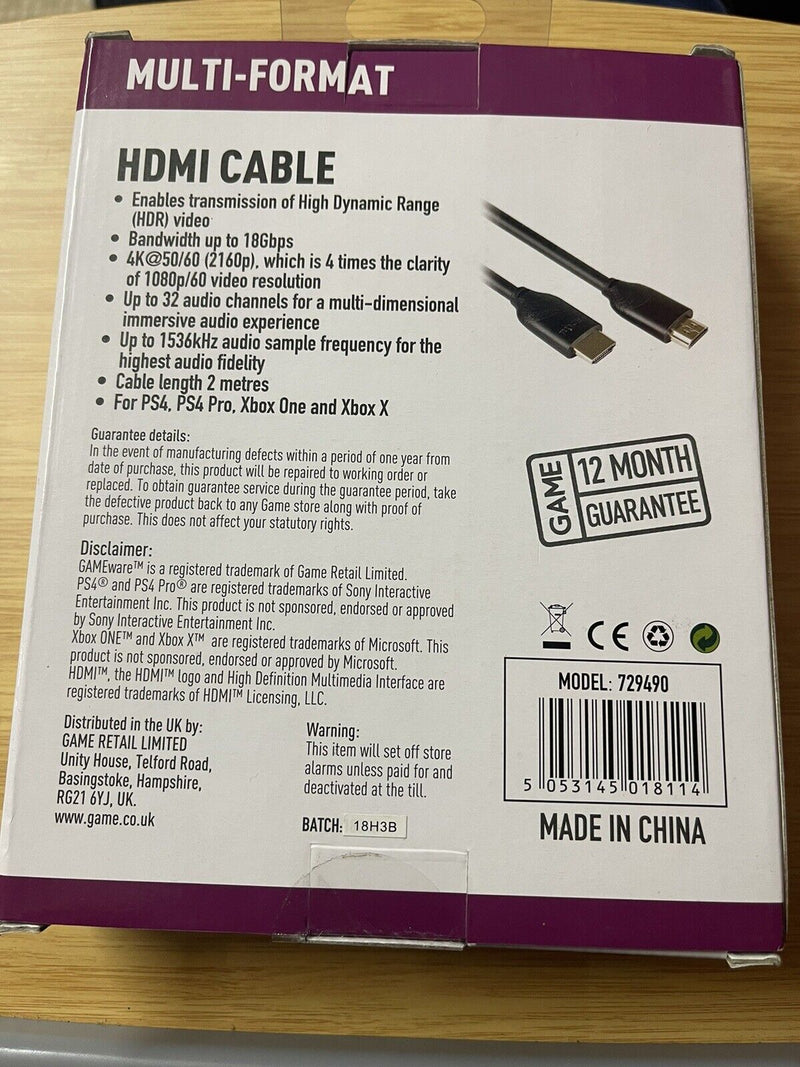 Gameware Essentials HDMI Cable - Supports 4K and HDR Gaming (2 Metres)