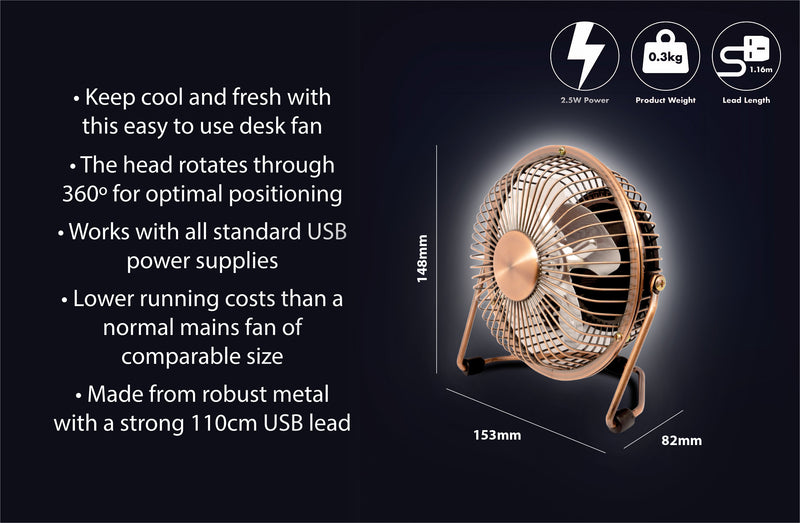 Prem-I-Air Mini Portable USB Desktop Cooling Desk Fan Computer Laptop COPPER