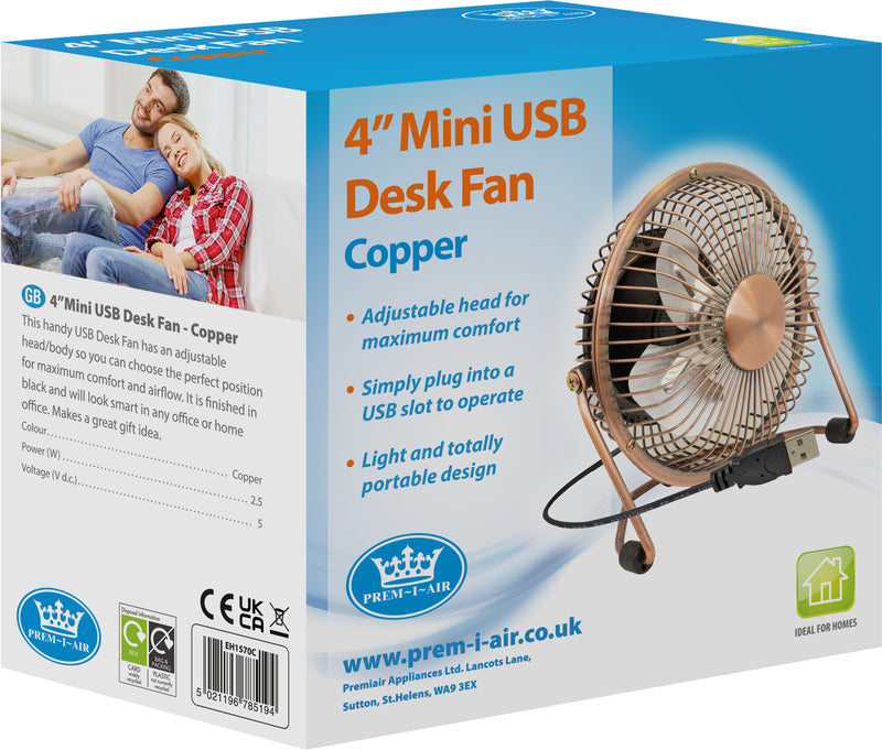 Prem-I-Air Mini Portable USB Desktop Cooling Desk Fan Computer Laptop COPPER