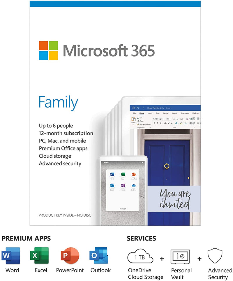 Microsoft 365 Family | Office 365 apps | up to 6 users | 1 year subscription | Multiple PCs/Macs, Tablets and Phones | Box
